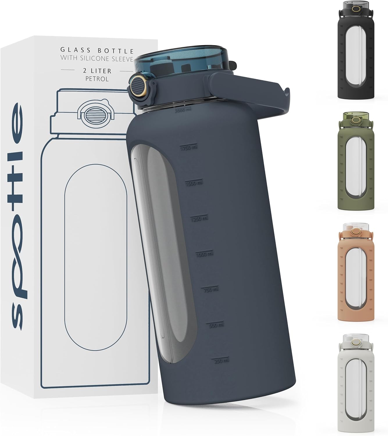 Botella de cristal con manchas de 2 litros - Botella de cristal de 2 litros con pajita - Botella de agua grande con funda protectora de silicona - A prueba de fugas - Apta para lavavajillas - Sin BPA