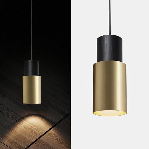 Lámpara colgante de 1 llama con diseño industrial en negro y dorado. Hecha de madera maciza y pantalla de aluminio, es resistente y duradera, libre de óxido. Ideal para una amplia gama de espacios, co