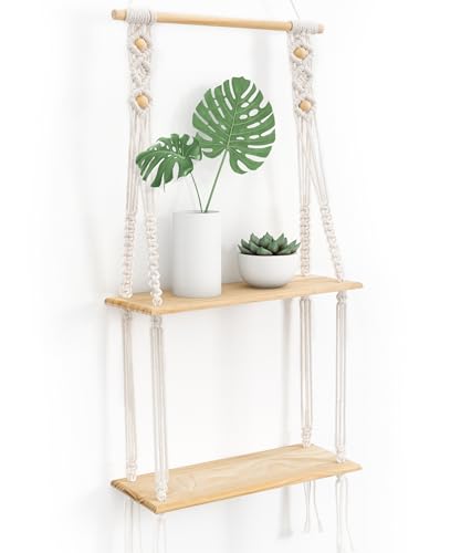 Afuly Estante de pared de madera, estante decorativo bohemio, estante para colgar en la pared, macramé, decoración de pared, borlas tejidas a mano, estante flotante, balcón, estante para plantas