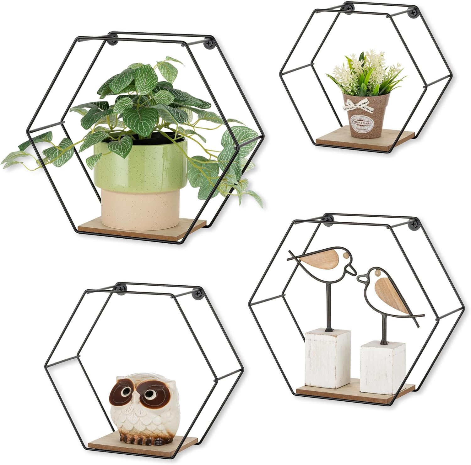 Walasis Estante de Pared Hexágono de Metal Negro: Juego de 4 Estantes Flotantes Estante de Pared Decoración de Pared Estante de Plantas Estético para Sala de Estar Dormitorio Pasillo