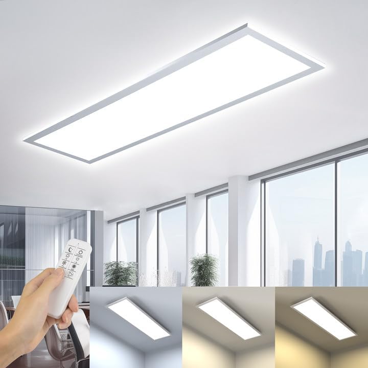 Panel de luz LED para techo OTREN de 100x25cm, lámpara de techo plana regulable con control remoto, 36W 3200LM, panel de techo rectangular de luz diurna para sala de estar, oficina, taller, dormitorio, 3000K-6000K