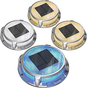 Quntis - Luces solares de suelo para exterior, aluminio (paquete de 4), 3 colores: blanco cálido, blanco frío y azul. Resistente al agua IP68, capacidad de carga de 20 toneladas. Ideal para jardín, escaleras, caminos, balcones.