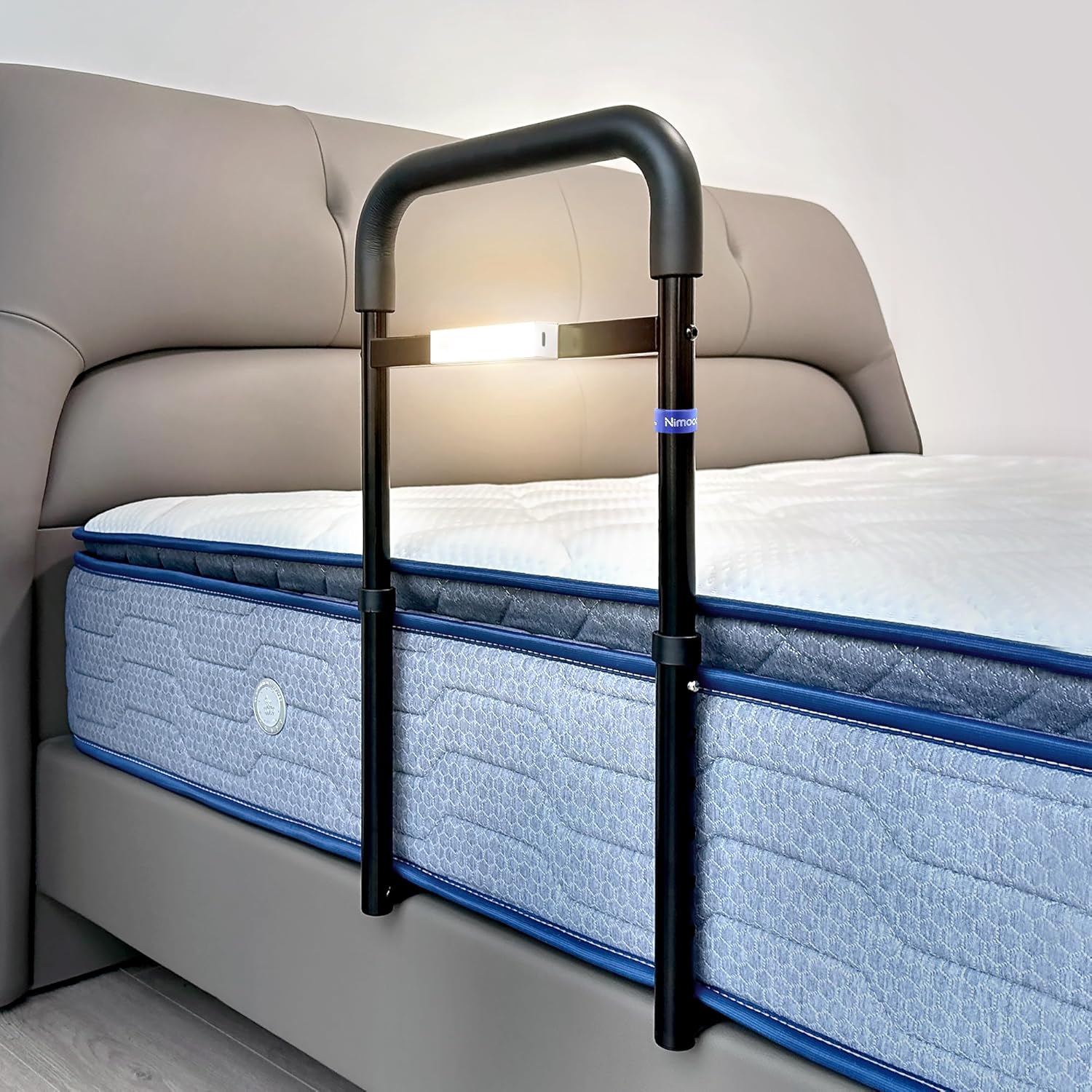 Sistema de asistencia para cama NIMOOD, barras de apoyo para personas mayores, ayuda para entrar en la cama, barra de apoyo ajustable en altura para personas mayores, luz LED con sensor para prevenir caídas nocturnas, seguridad y estabilidad.