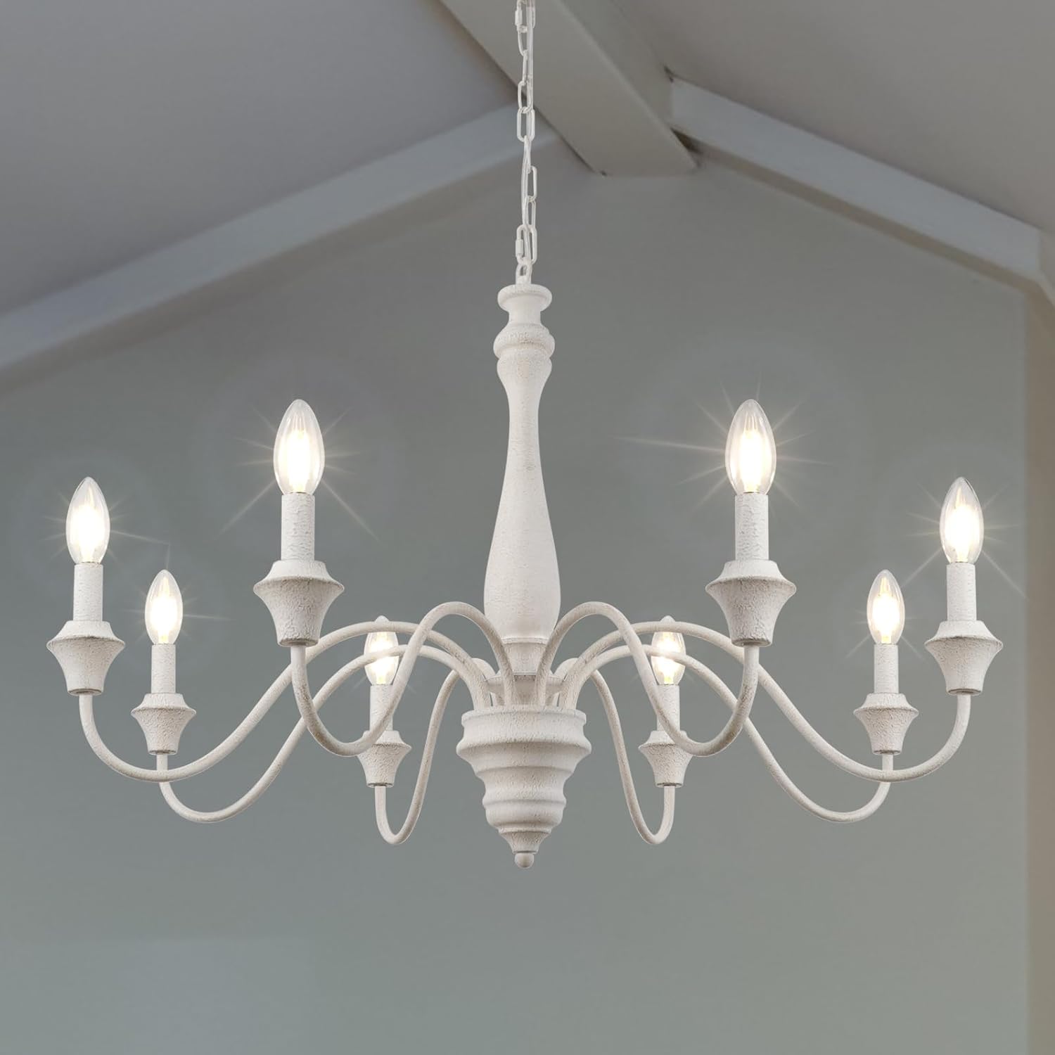 Lámpara de araña blanca vintage LynPon, lámpara colgante de mesa de comedor de madera estilo casa de campo francesa de 8 luces, lámpara de techo rústica retro estilo granja E14 para sala de estar, dormitorio, comedor, cocina.