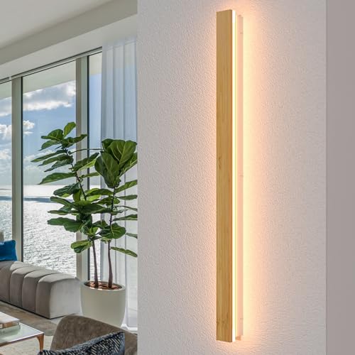 Aplique LED de madera de bambú con longitudes de 60cm a 115cm y potencias de 21W a 41W. Voltaje 220-240V, temperatura de color ajustable de 3000K a 6000K. Cuenta con control remoto para atenuación continua y un índice de reproducción cromática>90. Certificación CE.
