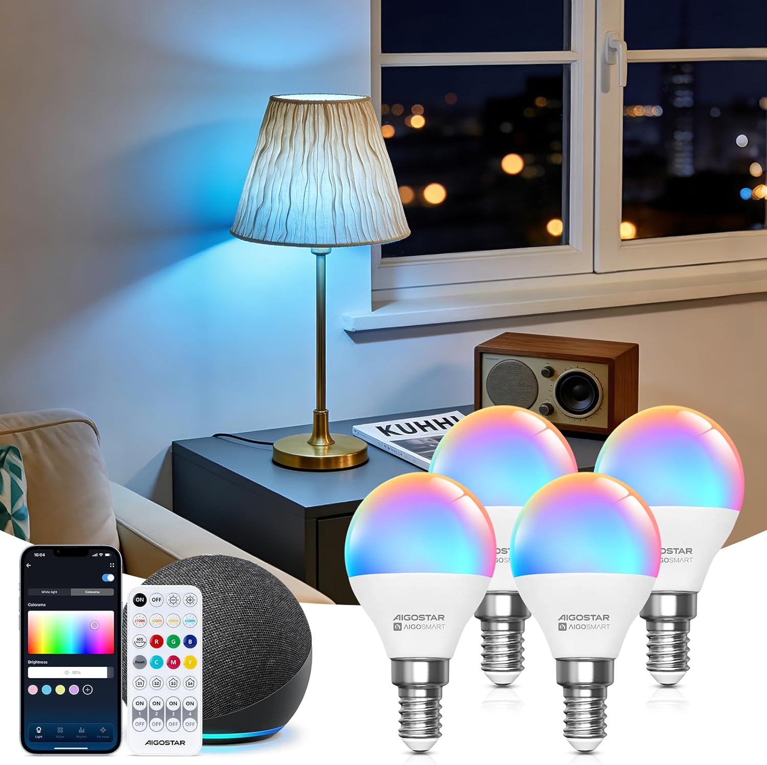 Bombilla inteligente Aigostar Mesh - Alexa E14 Bluetooth Mesh G45 6.5W, compatible con Alexa, LED 555LM RGB y 2700K-6500K, paquete de 4 (con control remoto Bluetooth).
