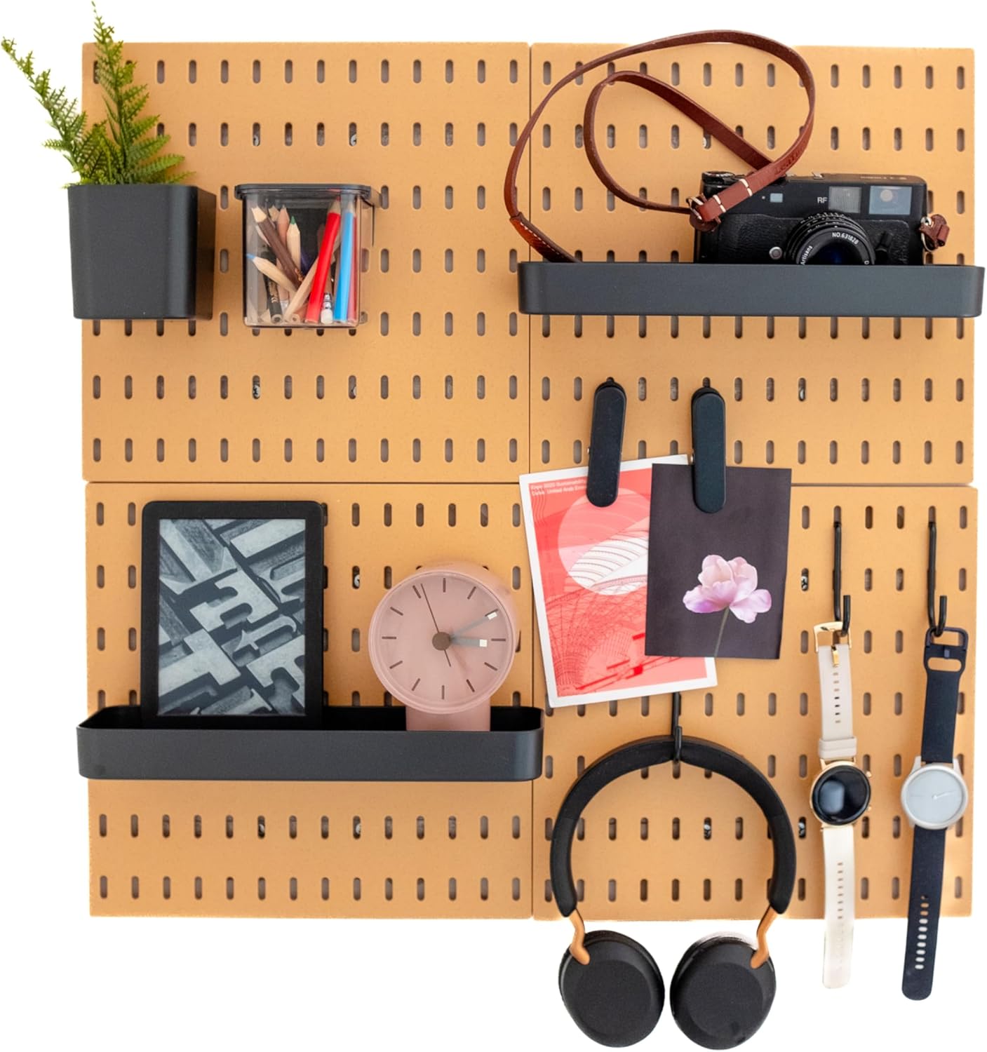Organizador de pared L'essentiel para casa y oficina, tablero perforado, 56 x 56 cm, juego completo (4 paneles de 28 x 28 cm cada uno) y accesorios, blanco o negro (marrón/negro, juego de 4 paneles)