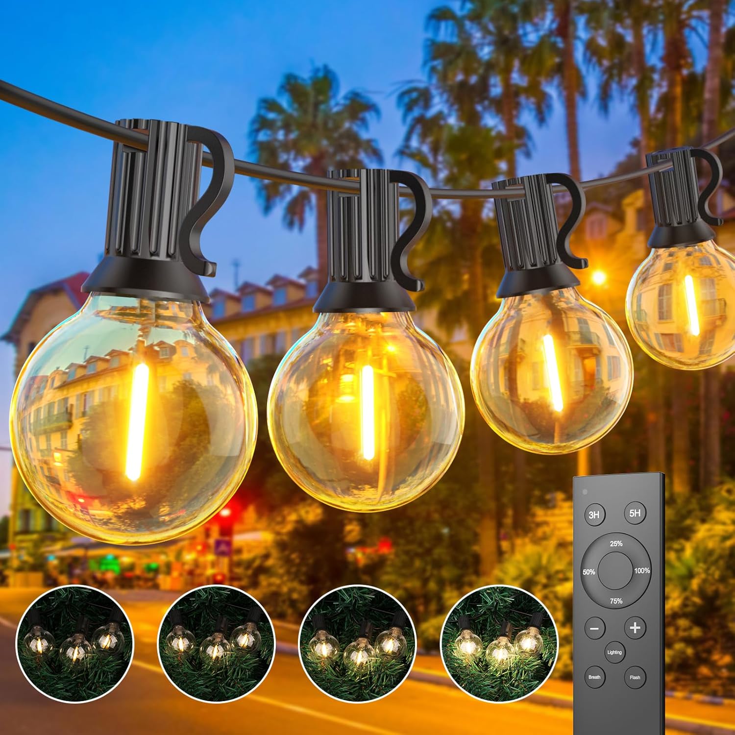Guirnalda de luces exteriores regulables Toipwen, 45,7 m, luces de jardín con mando a distancia, 75+2 bombillas, resistente al agua IP45, luz blanca cálida de 2700 K, ideal para patio, balcón, camping y fiestas.