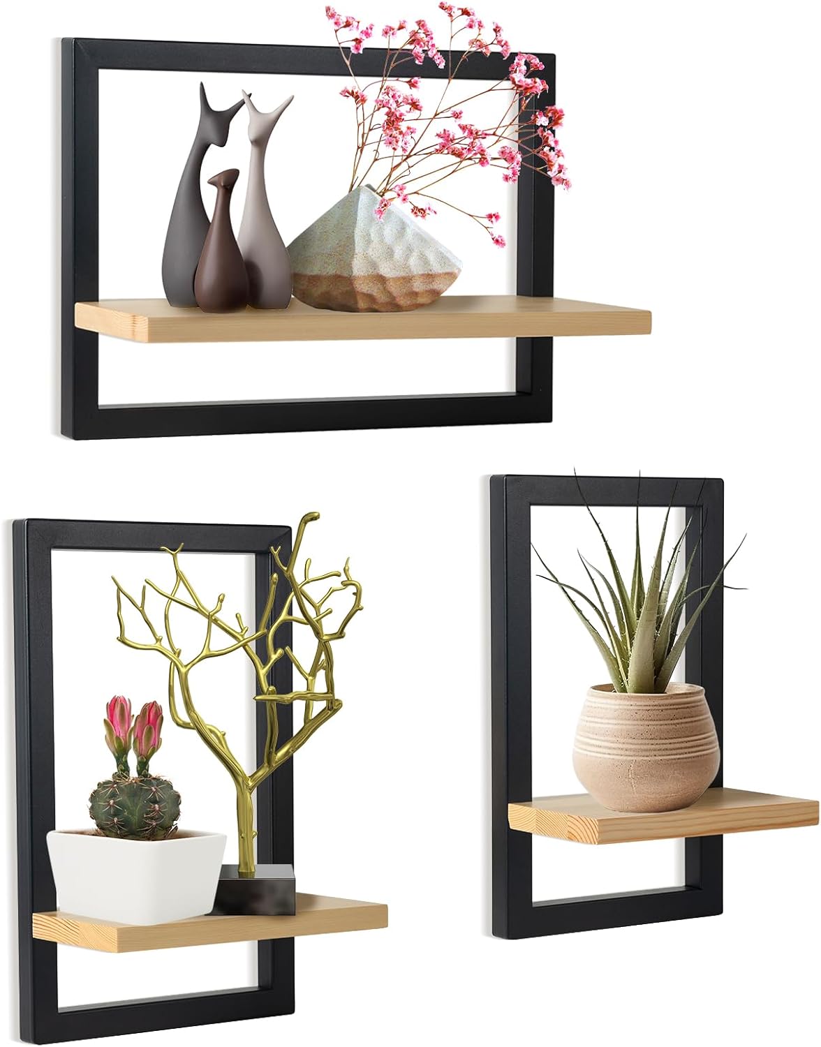 Juego de 3 estantes de pared hi-home, estantes flotantes para decoración de pared, estantes colgantes para almacenamiento de pared, estantería cuadrada de pared, estante colgante de madera para dormit
