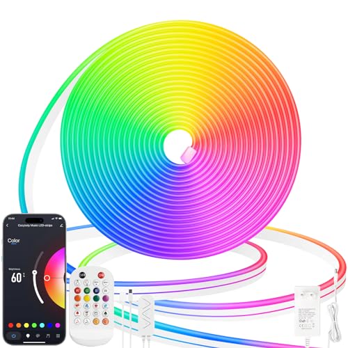 Tira LED Lamomo de 5m RGB con clasificación IP65, diseñada para uso interior y exterior. Funciona a 12V y se conecta a dispositivos Bluetooth para un control fácil. Permite cambios de color y ajuste d