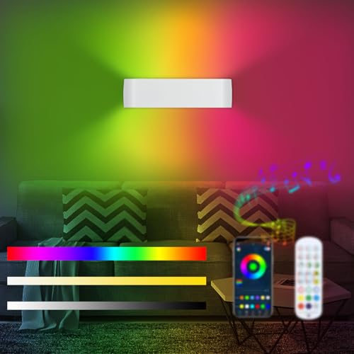 Lámpara de pared interior RGB de 12W, 30x8x3cm. Fabricada en aluminio puro, IP resistente y alta reproducción cromática (CRI 90). Control mediante interruptor, remoto y app. Funciones: 213 modos, sin 