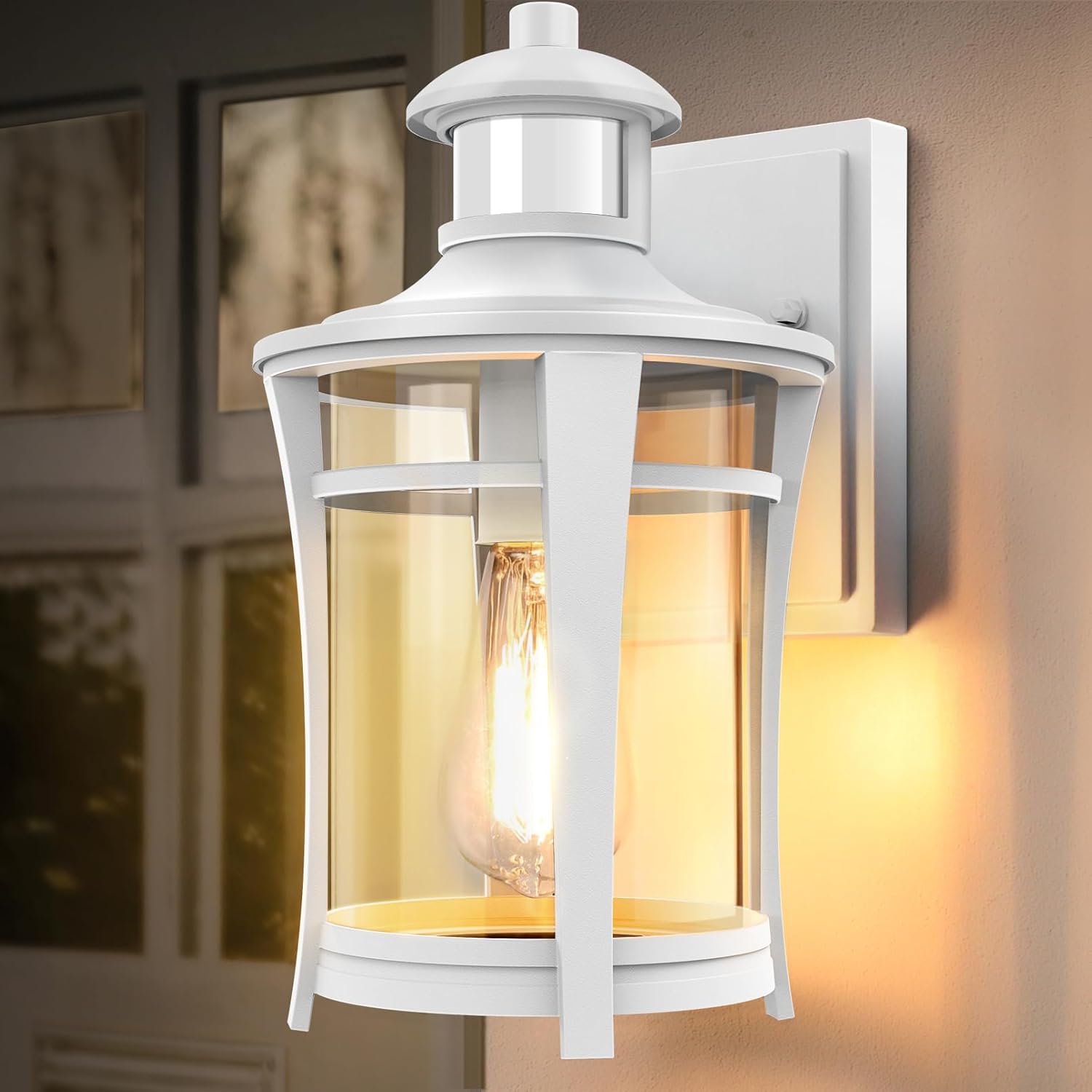 Lámpara de exterior Lamomo con sensor de movimiento, 3 modos de iluminación, lámpara LED de exterior con sensor de movimiento, aplique de pared exterior impermeable, blanco.