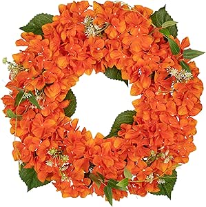 Corona de hortensias artificiales Hollyone de 51 cm para decoración otoñal, corona de flores falsas para puerta, decoración de hortensias de imitación beige, rojas y naranjas para puerta de entrada, abrigo, pared y decoración rústica.