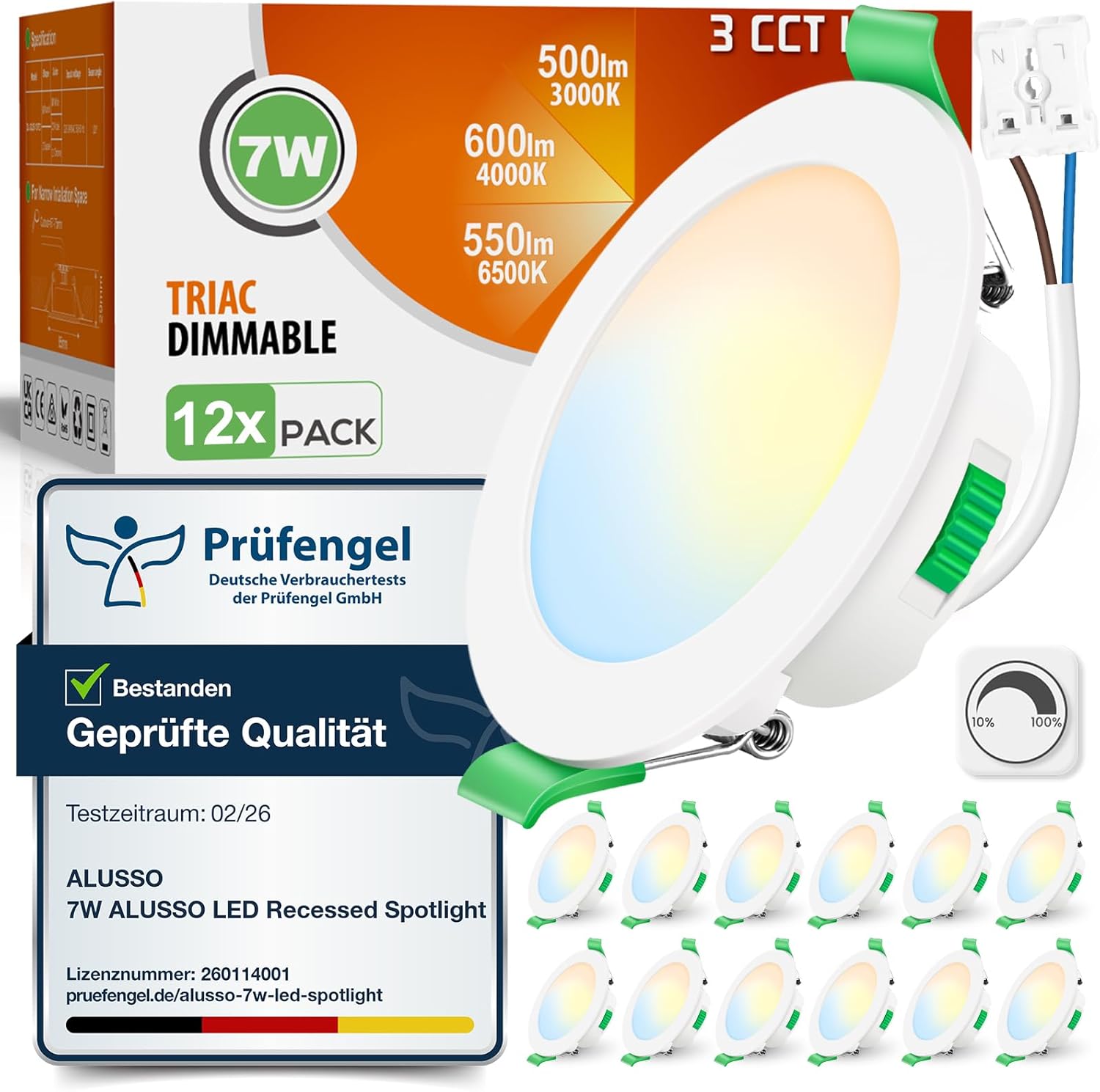 Focos LED empotrables ALUSSO 230V regulables 68mm 7W Ultra Flat IP44, luz blanca cálida, blanca neutra y blanca fría, ideales para techo, baño, cocina y sala de estar. Color blanco. Juego de 12 unidades.