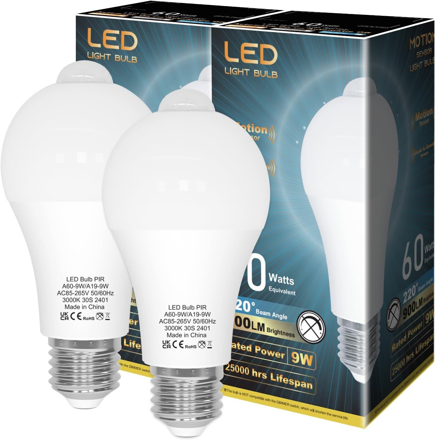 Bombilla LED LUTW con sensor de movimiento, 9W E27, reemplaza bombillas de 60W, luz blanca cálida de 3000K, 900lm, ángulo de haz de 220°, lámpara de bajo consumo para pasillo, garaje, balcón, escaleras, paquete de 2