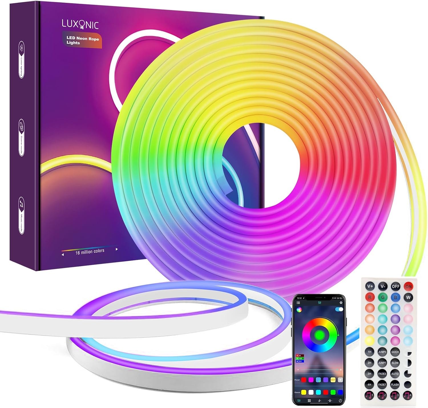 Tira de LED LUXONIC, 5 m, 24 V, RGB, Bluetooth, flexible, colores neón, silicona, control por app/mando a distancia, resistente al agua IP67, sincronización con música, decoración interior/exterior.