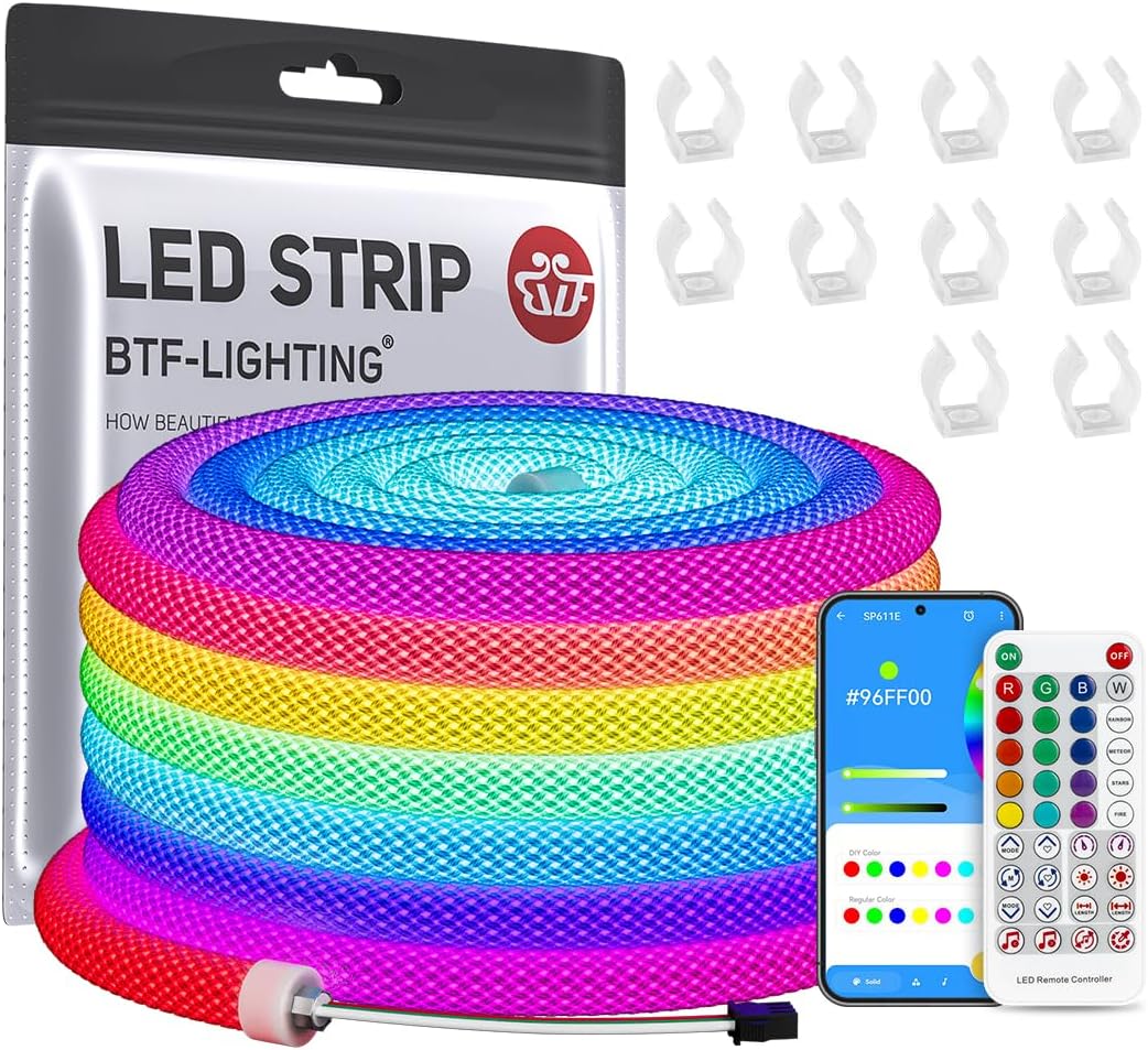 Kit de tubos LED de neón direccionables RGB BTF-LIGHTING WS2811 de 360 ​​grados, 5 m, 50 LED/m, 5 V, IP67, tira LED flexible de malla redonda con controlador Bluetooth SP611E y control mediante la aplicación Dream Color (fuente de alimentación no incluida).
