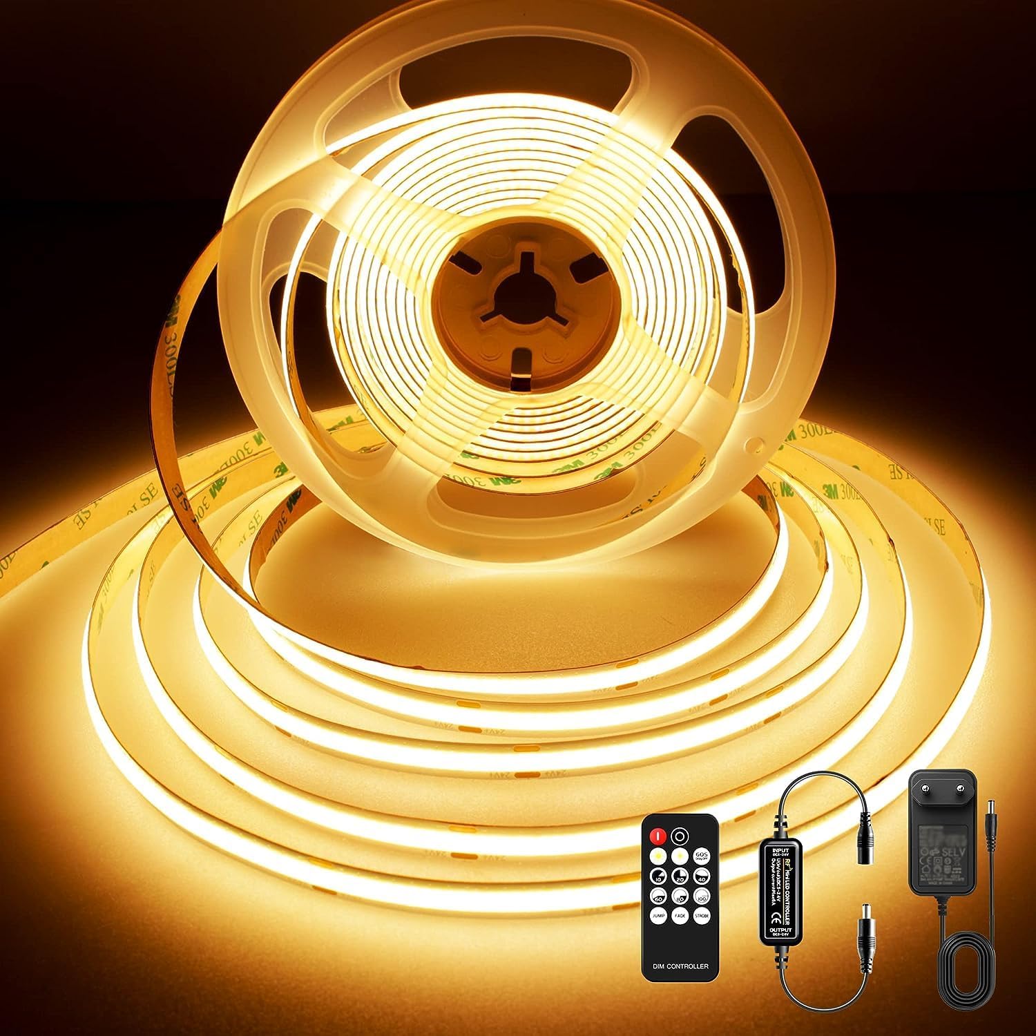 Tira LED COB BERIXDEEP de 20 m, tira LED sin puntos con mando a distancia y fuente de alimentación, 348 LED/m, CRI 90+, 8 mm de ancho, 24 V CC. Cinta LED para zócalos, paneles de pared, talleres, 2 x 10 m, blanco cálido, 2700 K.