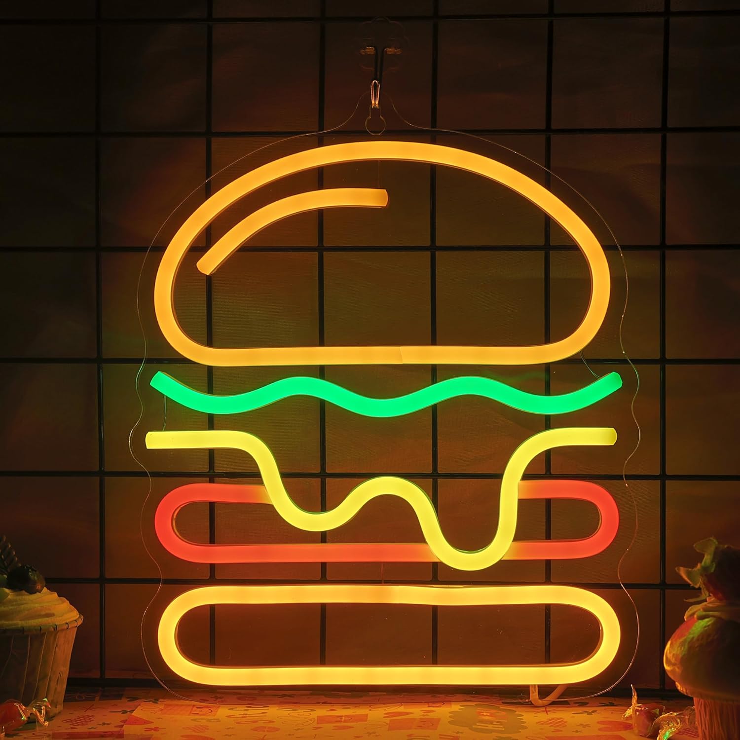 Letrero de neón Attivolife con forma de hamburguesa como decoración de pared, lámpara LED con una deliciosa hamburguesa que se ilumina, alimentada por USB, decoración única para tiendas de comida rápida, restaurantes y fiestas de cumpleaños.