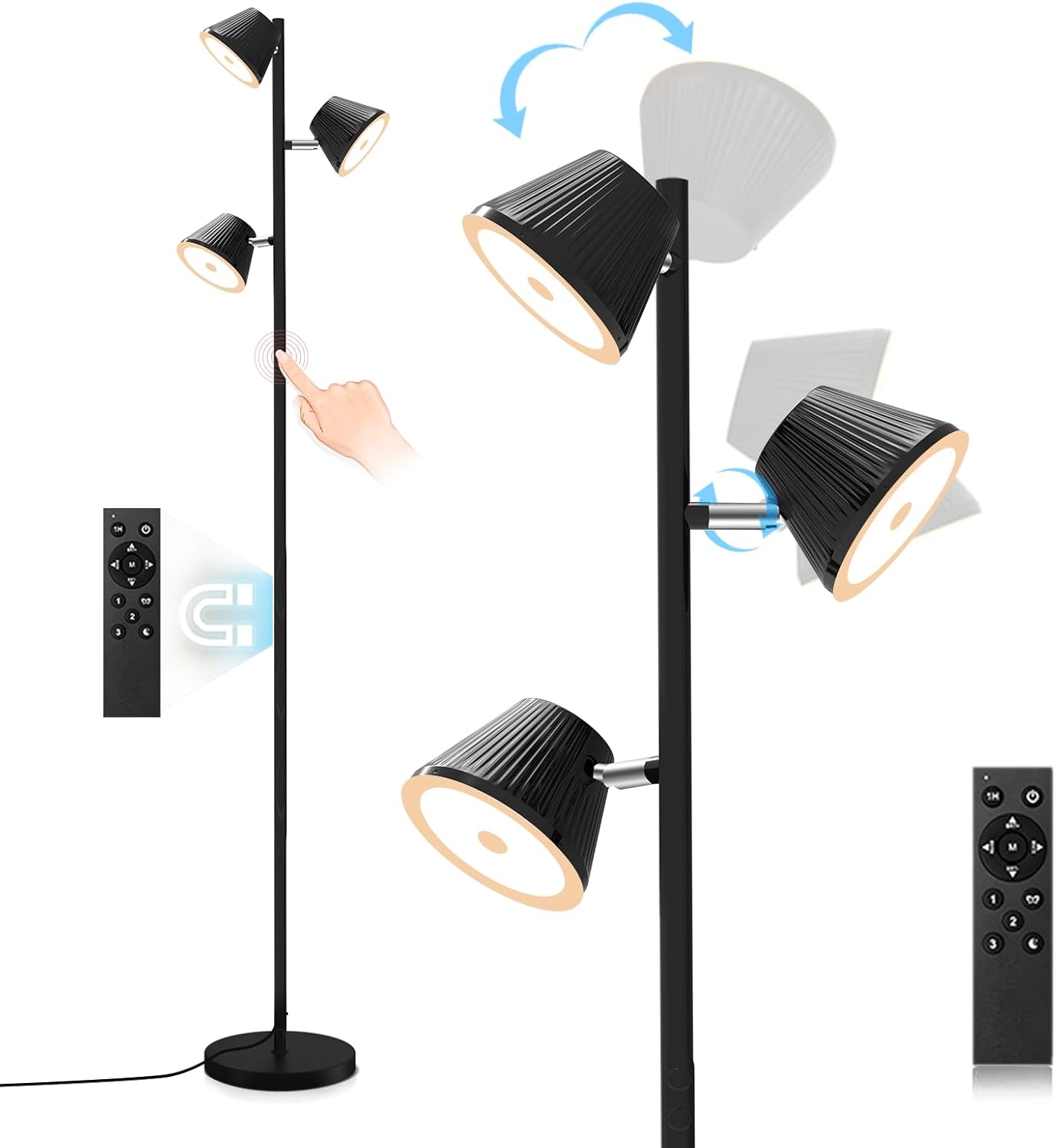 Lámpara de pie de 42 W y 4200 lúmenes para sala de estar, lámpara de pie LED regulable con control remoto y 4 temperaturas de color, lámpara de lectura negra con 3 luces, lámpara de pie moderna para dormitorio, oficina, lámpara de luz diurna
