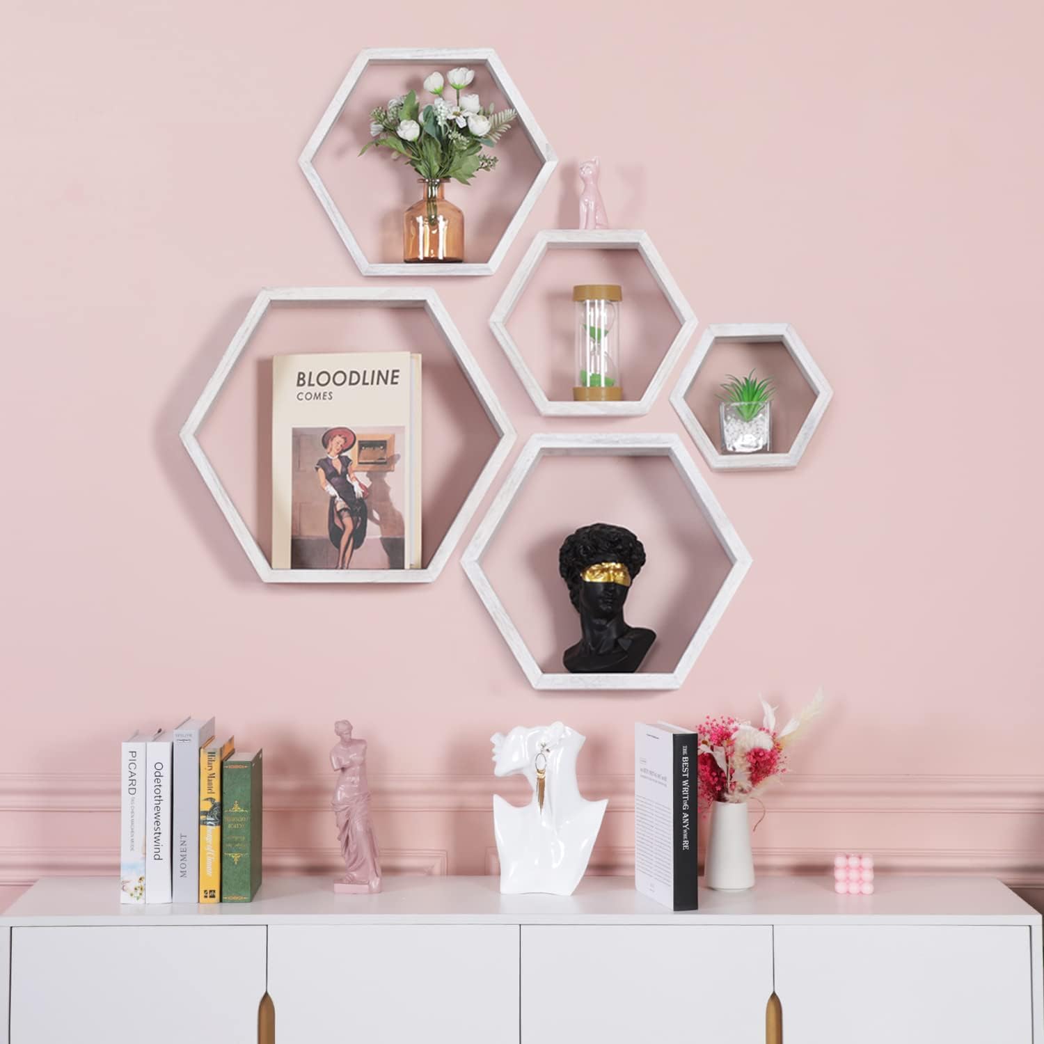 Estante de pared hexagonal PHOENANCEE, estante de pared decorativo para sala de estar, estante colgante de madera para dormitorio, juego de 5 (blanco desgastado)