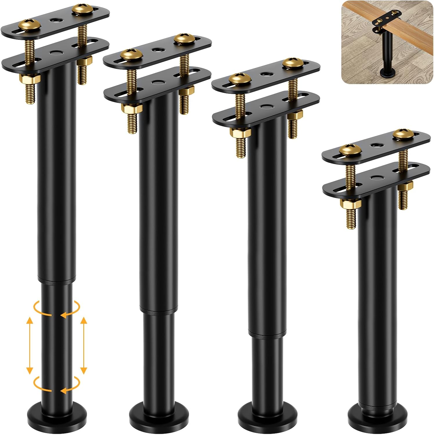 Altura ajustable: de 10 a 17 pulgadas. Material: acero laminado en frío, resistente a la corrosión. Capacidad de carga: 450 kg. Incluye 4 patas de madera de repuesto, 8 tornillos de fijación y 4 placa