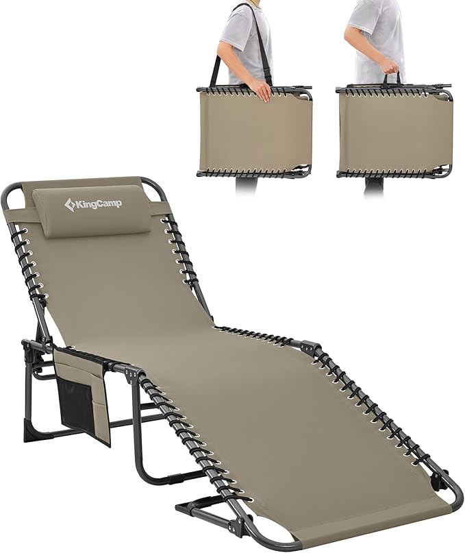 Tumbona plegable extragrande KingCamp, ajustable en 5 posiciones, de tres patas, para camping, con reposacabezas y bolsillo lateral, soporta hasta 200 kg, para jardín, vacaciones, playa y piscina, 200 x 68 cm