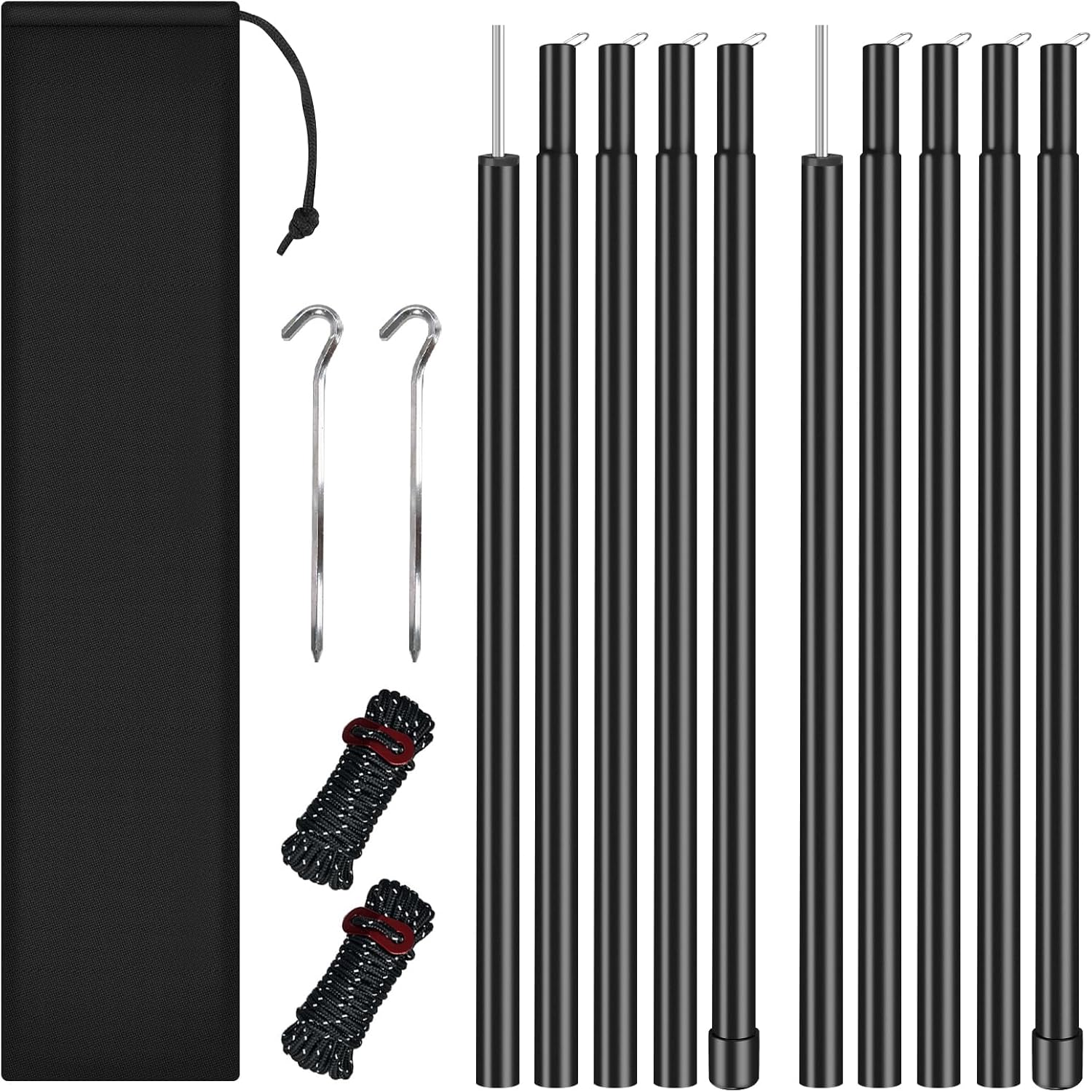 wiipara Pack de 2 postes para tiendas de campaña – Postes telescópicos para lonas y parasoles, ajustables de 80 a 190 cm, aluminio ultraligero. Incluye estacas, vientos y bolsa (negro).