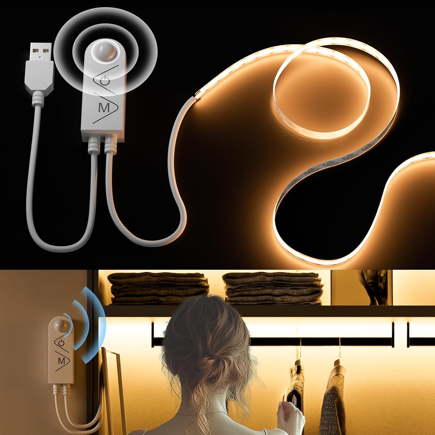 Tira de LED COB USB de 5 V PAUTIX con sensor de movimiento, blanco cálido 2700 K, 2 m, 640 LED, regulable, CRI90+, cinta LED autoadhesiva para escaleras, habitaciones infantiles, armarios y lámparas de noche.