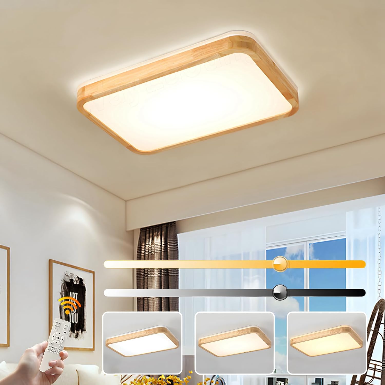 Lámpara de techo LED de madera WayLuoung | 60 x 40 cm 3000-6000K 38W | Lámpara rectangular de madera natural con iluminación de 360°, ideal para dormitorio, sala de estar, habitación infantil, cocina o comedor (regulable con control remoto).
