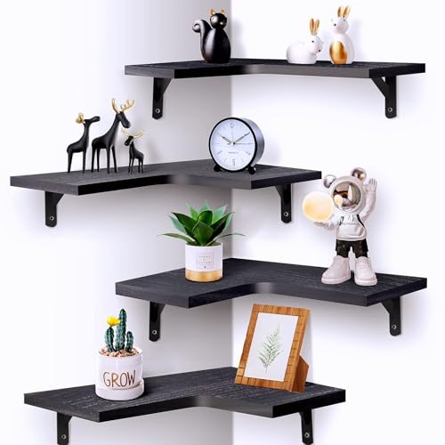 Wlicon - Juego de 4 estantes flotantes de esquina para pared, estilo rústico moderno, de madera, para decoración del hogar, dormitorio y sala de estar (negro)