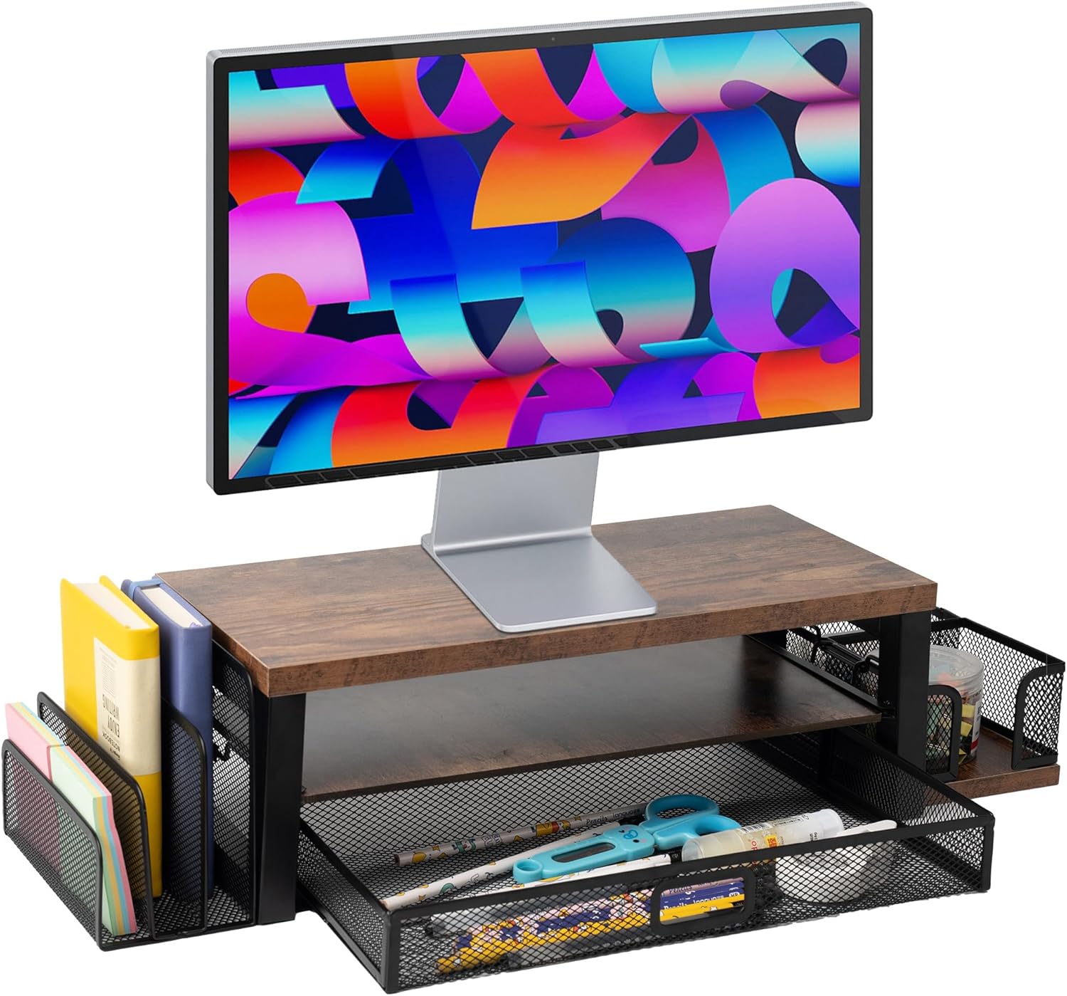 Soporte para monitor de 2 niveles HSJYFSH, organizador de escritorio con cajón y organizador de correo, accesorios de escritorio para iMac, portátil e impresora.