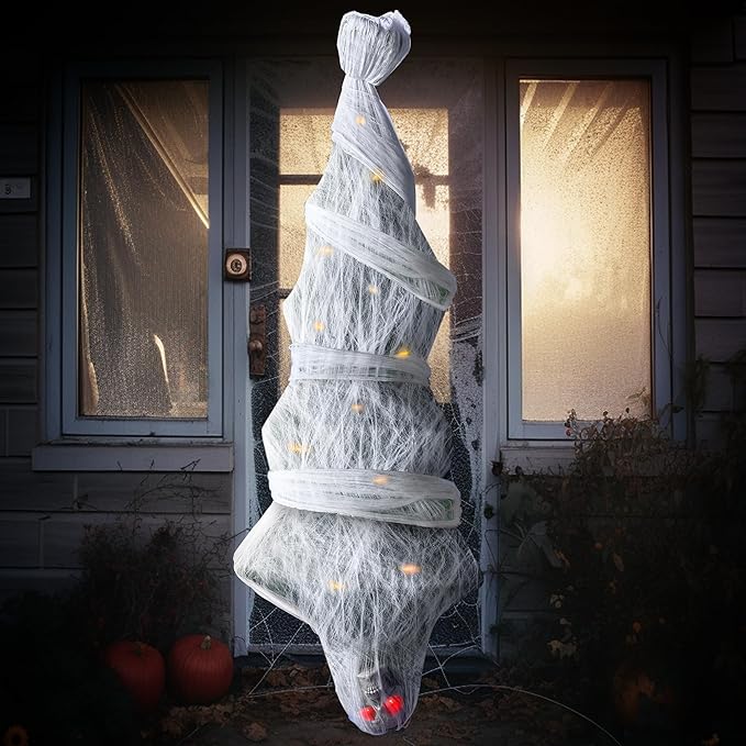 JOYIN - Cadáver colgante animado de Halloween de 182,9 cm con ojos brillantes activados por sonido animatrónico y cuerpo tembloroso para casa embrujada de Halloween, uso en interiores y exteriores