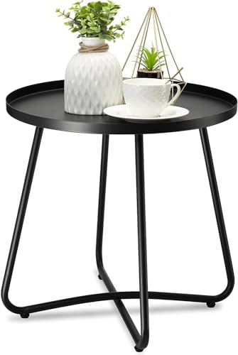 Mesa auxiliar de exterior danpinera, acero resistente a la intemperie, pequeña mesa auxiliar redonda para terraza, patio, balcón, jardín, mesita de noche, negra