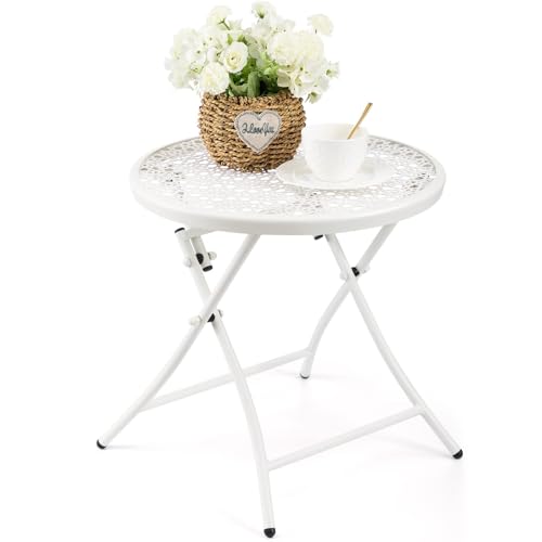 Mesa auxiliar plegable para exteriores TeoKJ, mesa pequeña de patio resistente a la corrosión, mesa auxiliar redonda de metal con recortes de flores para jardín, balcón, terraza o césped, blanca