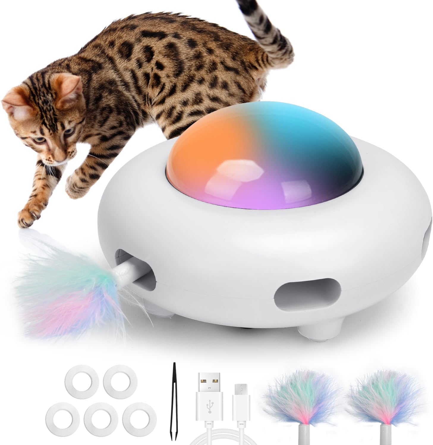 Nobleza - Juguete interactivo de plumas para gatos, 3 modos de juego para gatos y gatitos, juguete inteligente para gatos con función de limpieza y recargable por USB.
