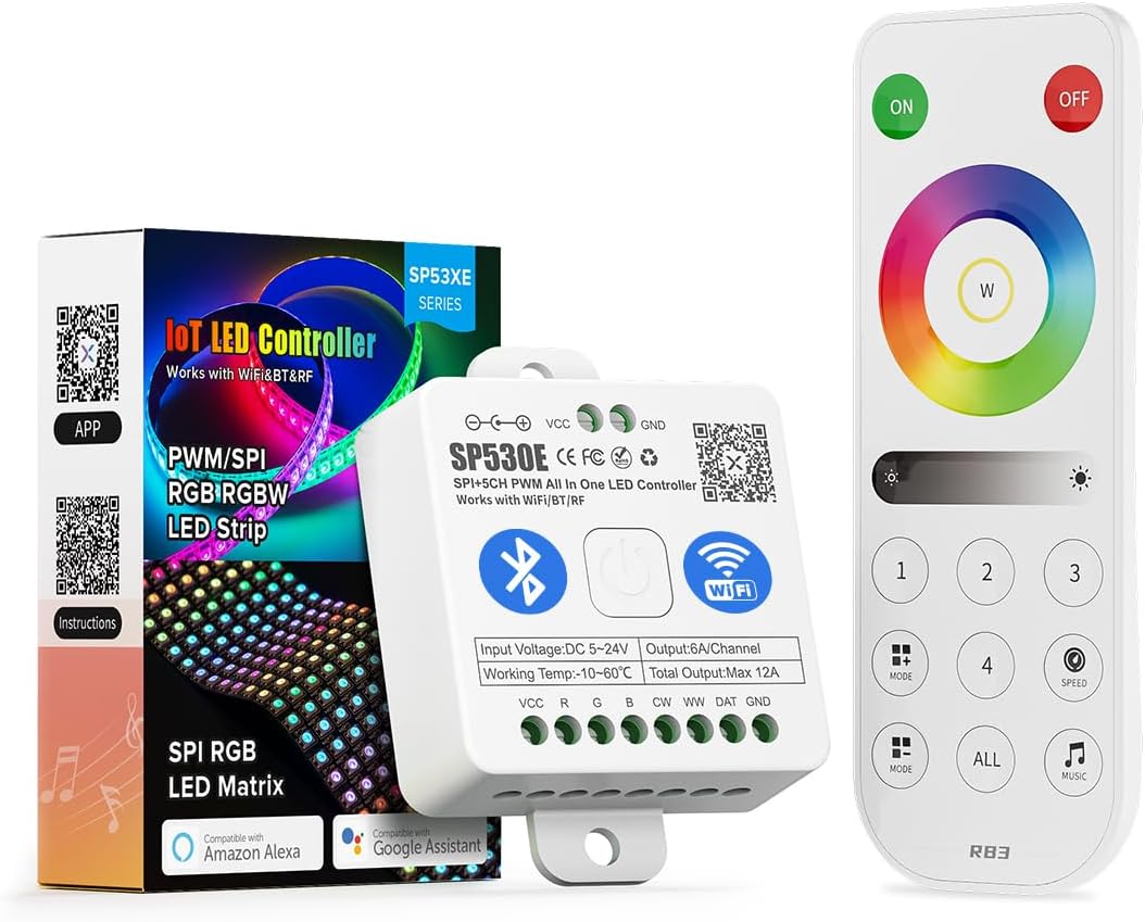 Kit de control remoto RF de 4 zonas y 2,4 GHz BTF-LIGHTING RB3 y SP530E con WiFi y Bluetooth. Compatible con tiras LED FCOB, COB, SMD, PWM, SPI, RGB y RGBW, WS2811, WS2812B, WS2814, WS2815, SK6812 IC, etc. DC5V, DC12V, DC24V.