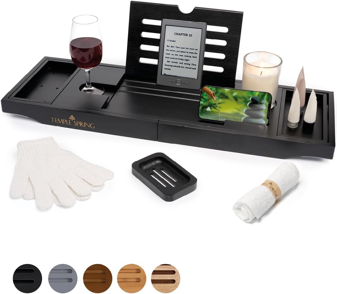 Bandeja de baño extensible de bambú de 70 cm de ancho y 23 cm de profundidad, ajustable hasta 105 cm. Almohadillas antideslizantes para mayor estabilidad. Incluye jabonera de bambú, toalla facial y gu