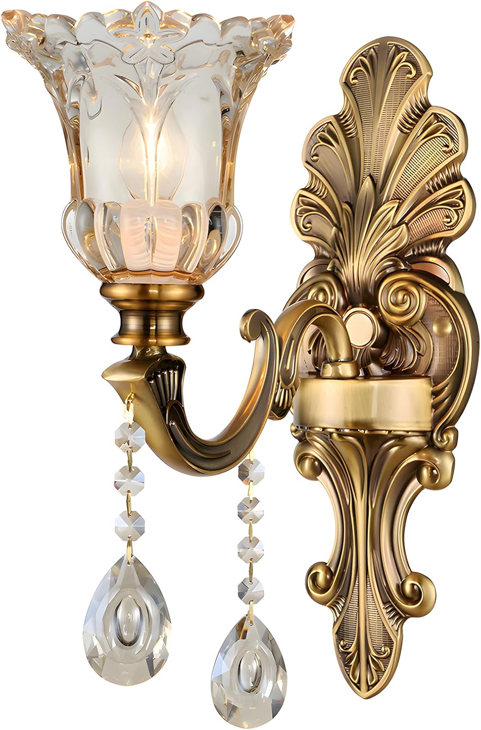 Lámpara de pared WayLuoung Vintage Floral, 1 cabezal, pantalla de cristal, lámpara de pared decorativa de metal color bronce dorado retro, para mesita de noche, sala de estar, restaurante o escaleras (bombilla con casquillo E14 no incluida).