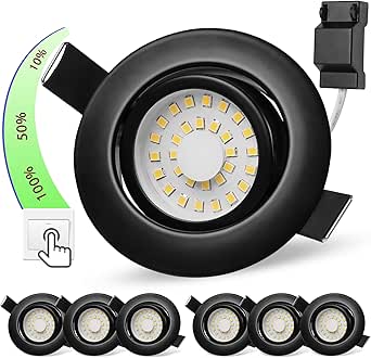 Focos LED empotrables, negros, 230 V, regulables, 5 W, atenuación de 3 etapas, focos de techo IP44, 68 mm, blanco neutro 4000 K, giratorios 45°, focos de techo planos para dormitorios, juego de 6