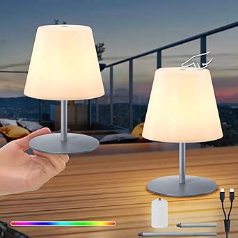 RWWR - Pack de 2 minilámparas de mesa inalámbricas, regulables en blanco cálido y 7 colores, con batería recargable tipo C, para exteriores, dormitorio, balcón, patio y terraza (plateadas, interruptor táctil)