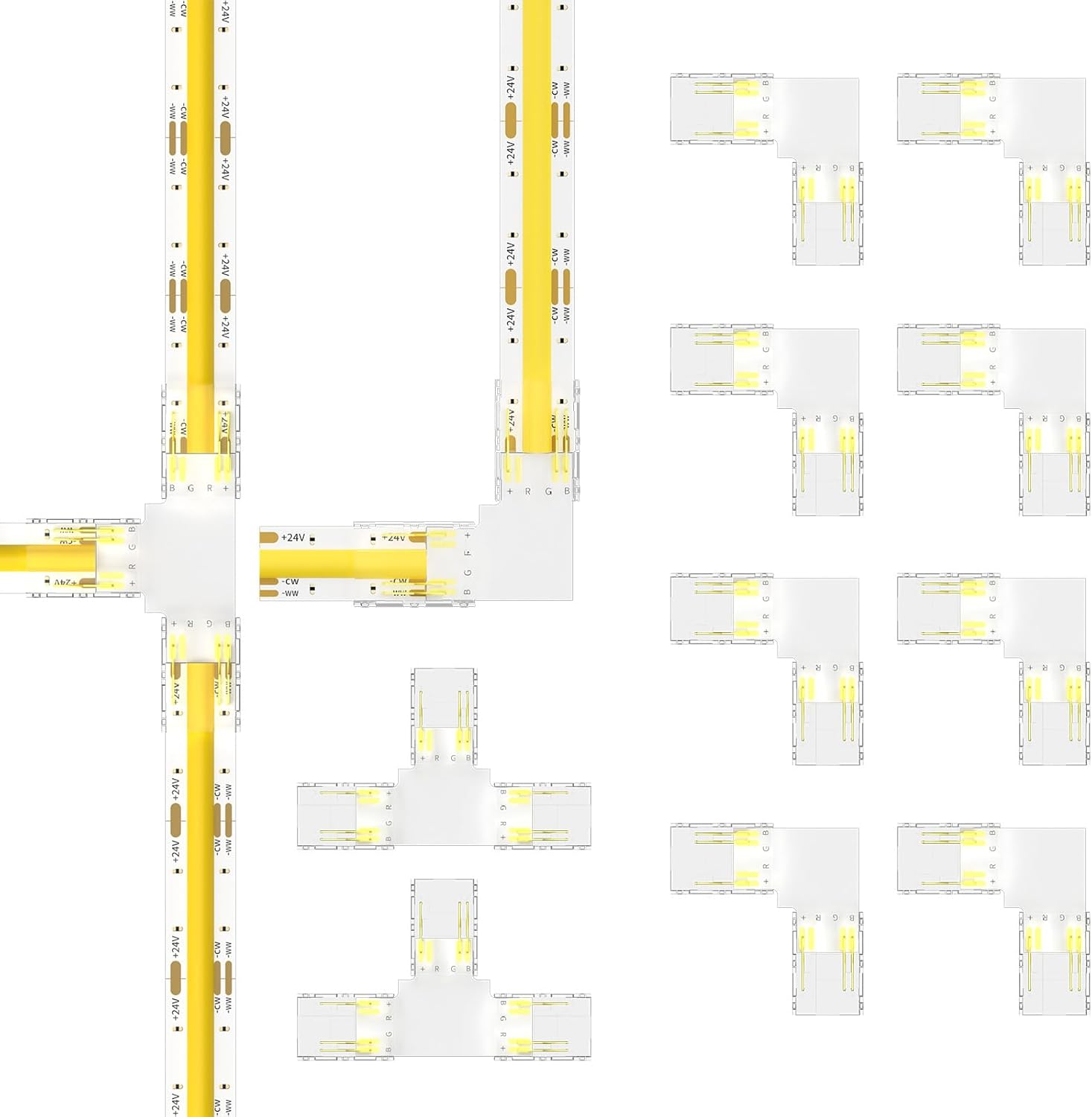 Juego de conectores PAUTIX CCT COB para tiras de LED COB ajustables de 3 pines y 10 mm de ancho, 8 piezas en forma de L y 2 piezas en forma de T.