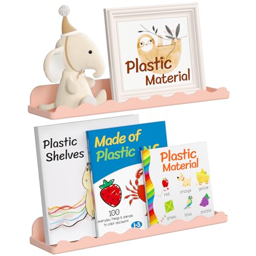 Estantería flotante para niños de Lifewit, 2 unidades en color rosa, dimensiones 38 cm x 8.6 cm x 4.5 cm. Fabricadas en plástico resistente con esquinas redondeadas y barreras laterales para mayor seguridad. Capacidad de carga de hasta 20 libras, ideal para almacenar libros, juguetes y decoraciones. Incluye hardware y guía de instalación.