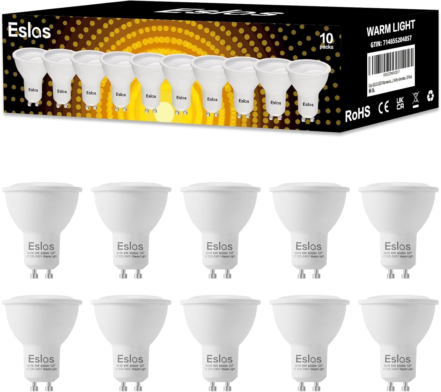 Lámpara LED Eslas GU10 blanco cálido 3000K, 6W 600lm, reemplazo para bombillas incandescentes de 60W, ángulo de haz de 120°, no regulable, paquete de 10 unidades