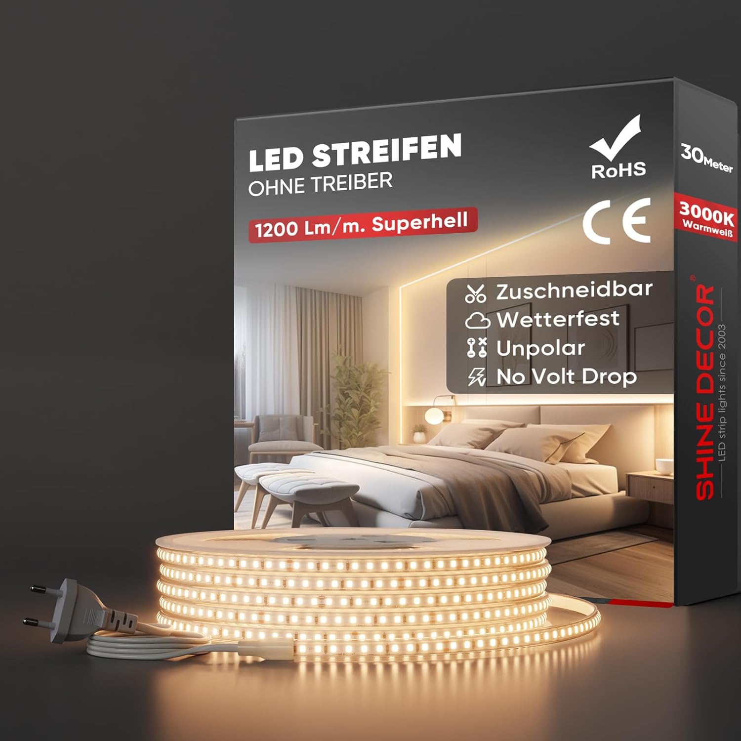 Tira LED Shine Decor de 30 m, CA 220 V 230 V, IP65, resistente al agua, SMD 2835, 120 LED/m, tira de luz de brillo ultra alto para iluminación LED de cocina y jardín (30 m, blanco cálido, certificado CE).