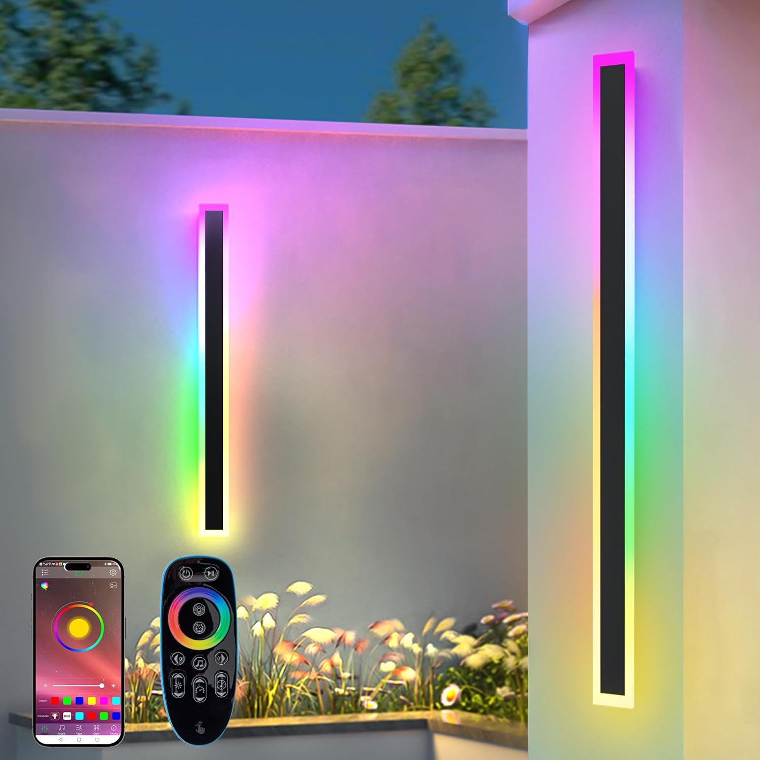 Aplique de pared LED RGB alargado para exteriores, paquete de 2 unidades, RGB/blanco cálido/iluminación de pared moderna regulable, resistente al agua IP65 con control remoto y control por aplicación para uso en exteriores/interiores, jardines, villas (100,0 cm)