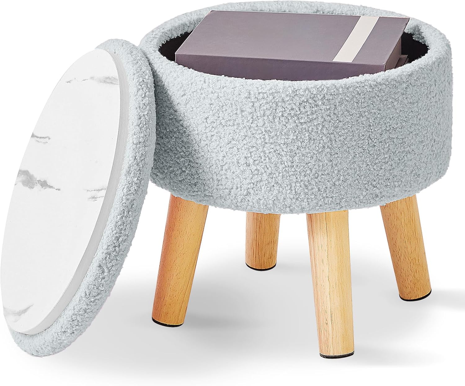 Puf pequeño IBUYKE de 33 cm con almacenamiento, asiento y tapa acolchados, ideal para la entrada, el sofá o la sala de estar. Color gris azulado (WBD006H).