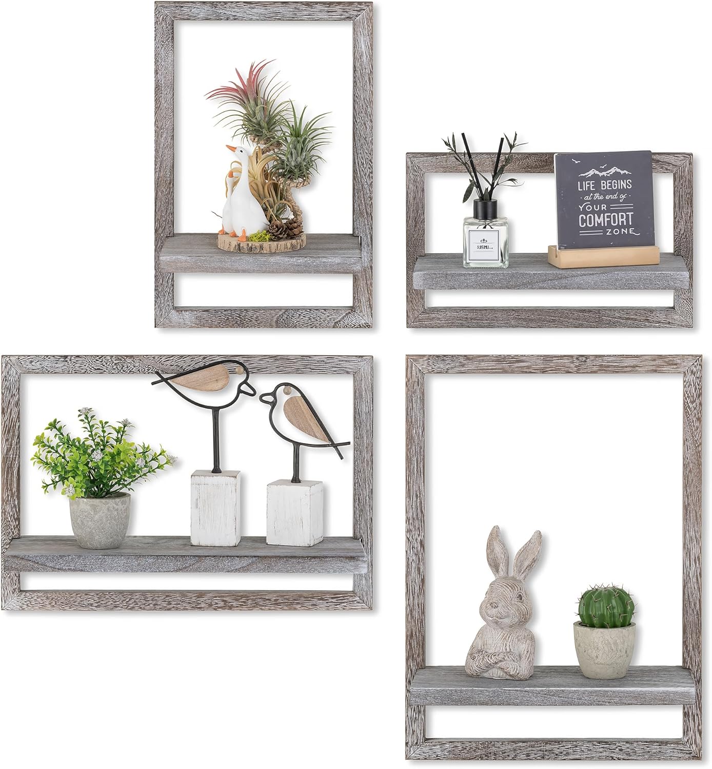 Estante de pared Walasis, decoración de pared de madera para sala de estar: juego de 4 estantes flotantes de pared, tablero de estante, tablero de pared - decoración de pared rústica para dormitorio (blanco vintage)