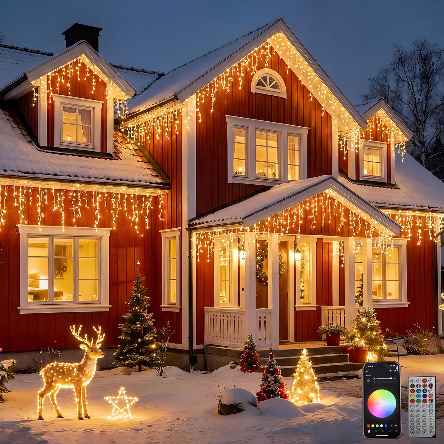 Guirnalda de luces Icicle de 13 m, luces LED para exteriores, 400 LED RGB, 16 millones de colores, luces navideñas LED inteligentes con control por aplicación para sala de estar y hogar, decoración navideña, guirnalda de luces para exteriores