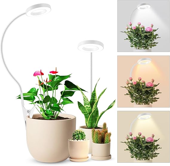 Lámpara LED para plantas de espectro completo, clip para maceta 6500K, luz de cultivo, dos opciones de instalación, lámpara de cultivo LED de 3 temperaturas de color con cuello de cisne de 360°, tempo